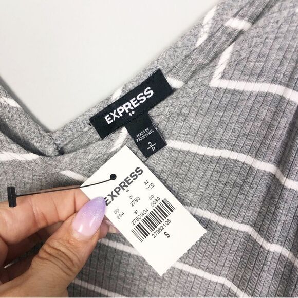 EXPRESS | NEW Gray & White Striped V-Neck Ribbed Midi Dress Women’s Size Small - Picture 6 of 9